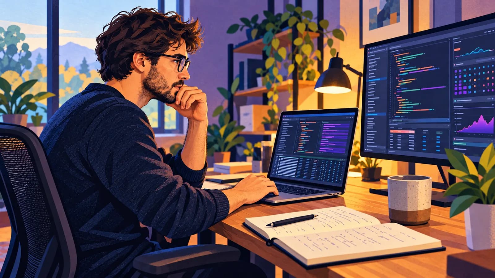 A software engineer investigating a bug across a laptop and external monitor