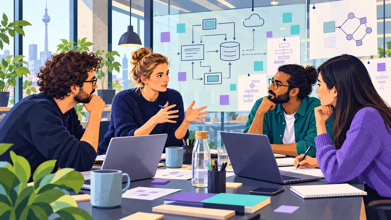 Four software engineers discussing an architecture diagram during a technical decision meeting