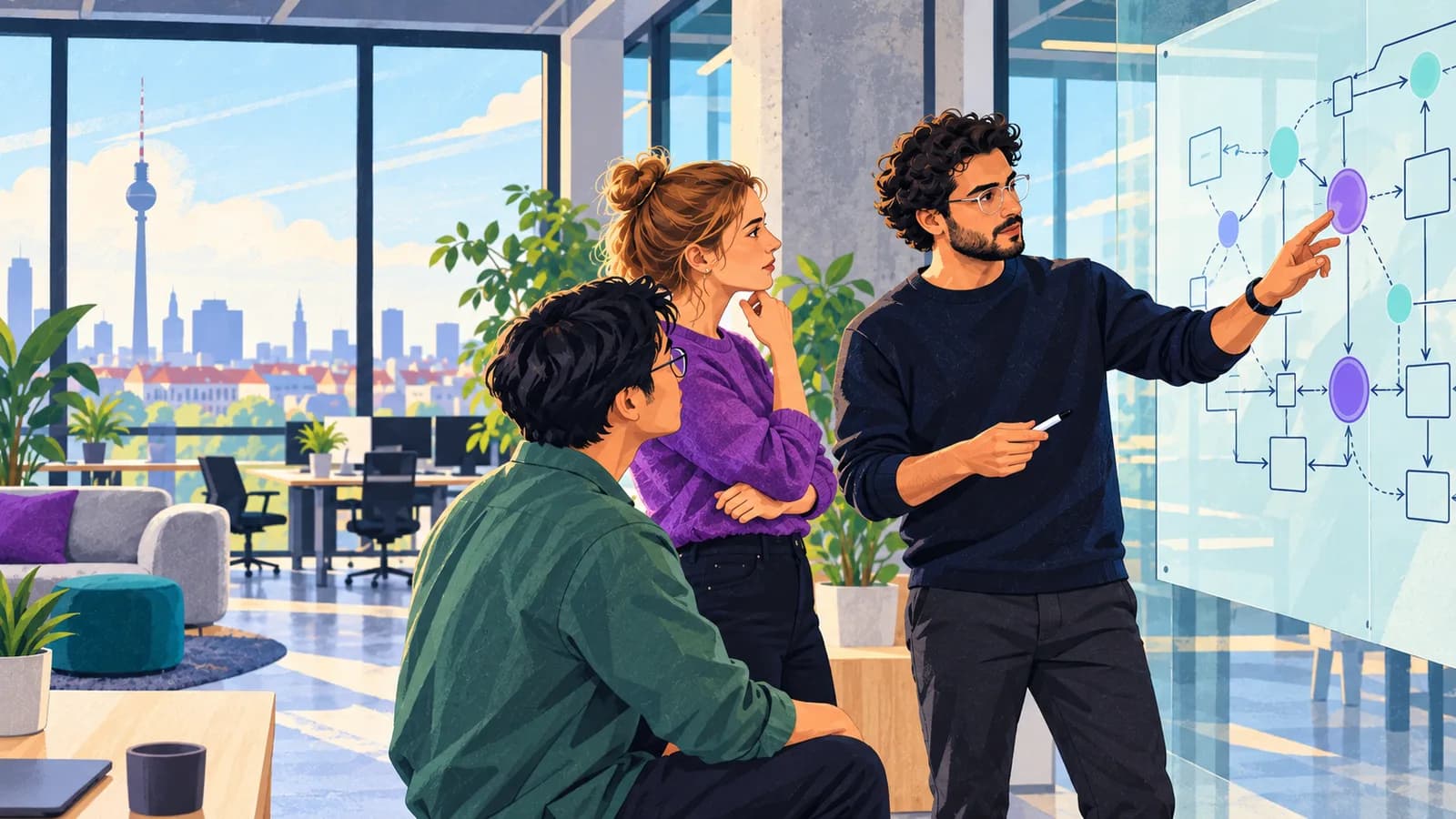 Three software engineers discussing a system architecture diagram in a Berlin office