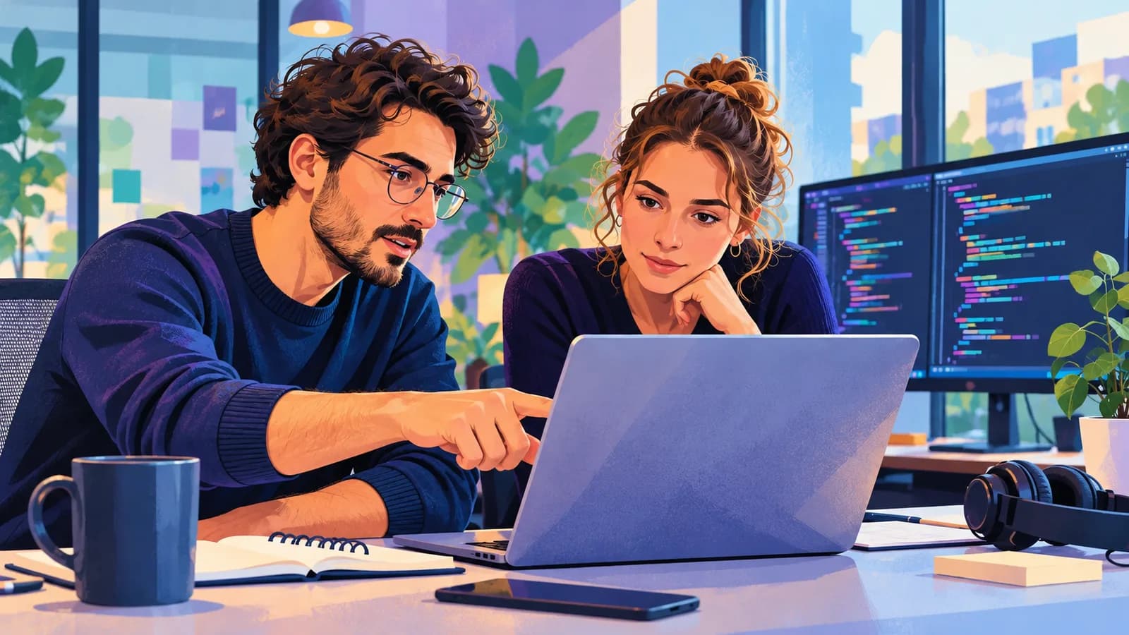 Two software engineers reviewing code together on a laptop in a modern office