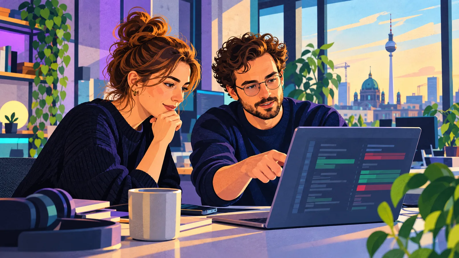 Two software engineers reviewing a pull request together in a Berlin office