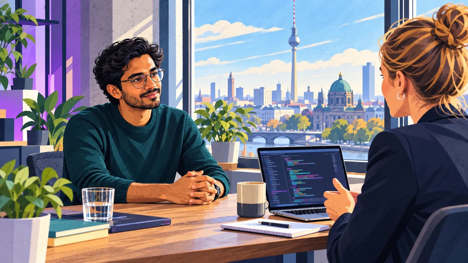 A software engineer speaking with an interviewer in a Berlin technology office